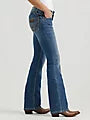Blue jeans with a slight flare leg on a plain background