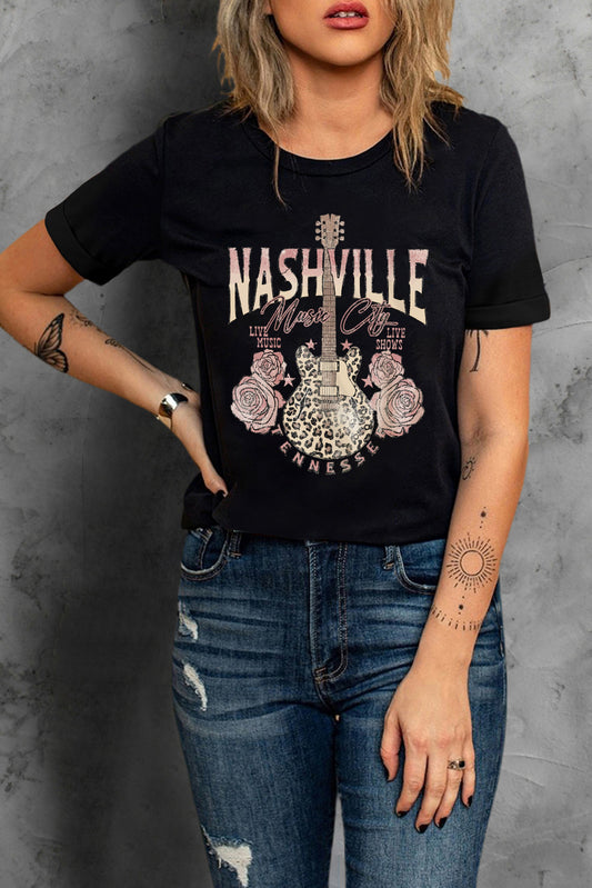 Black Nashville Music City Leopard Guitar Graphic T Shirt