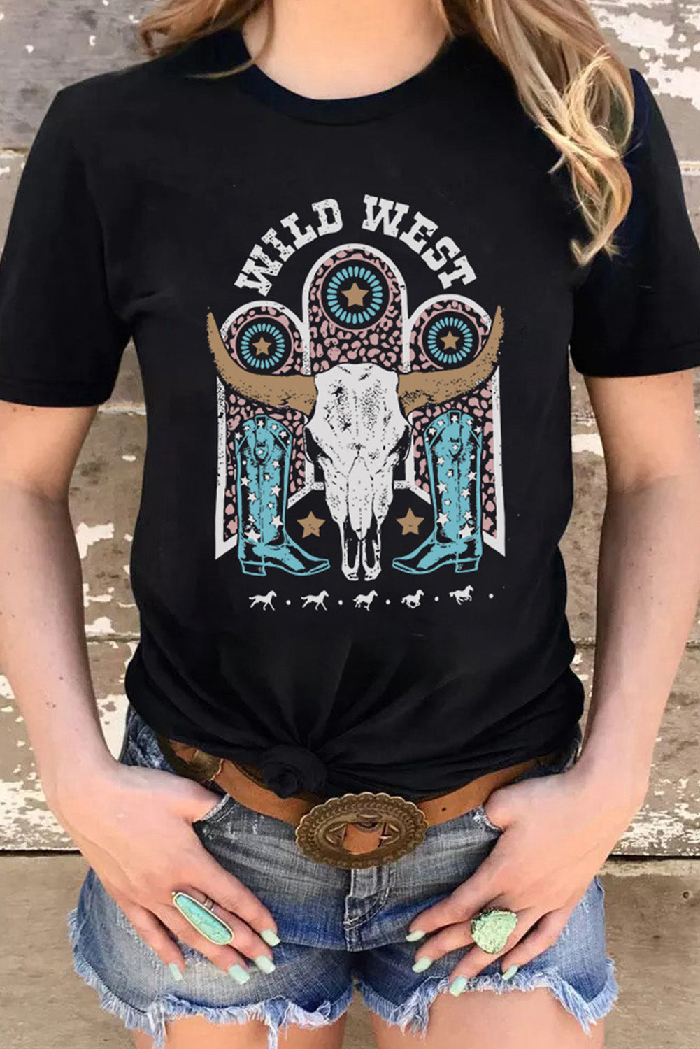 Black WILD WEST Steer Skull Graphic T Shirt