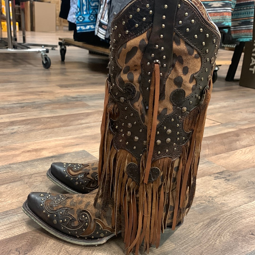 Corral Women's Leopard Stud & Fringe Cowgirl Boots - Snip Toe A3618