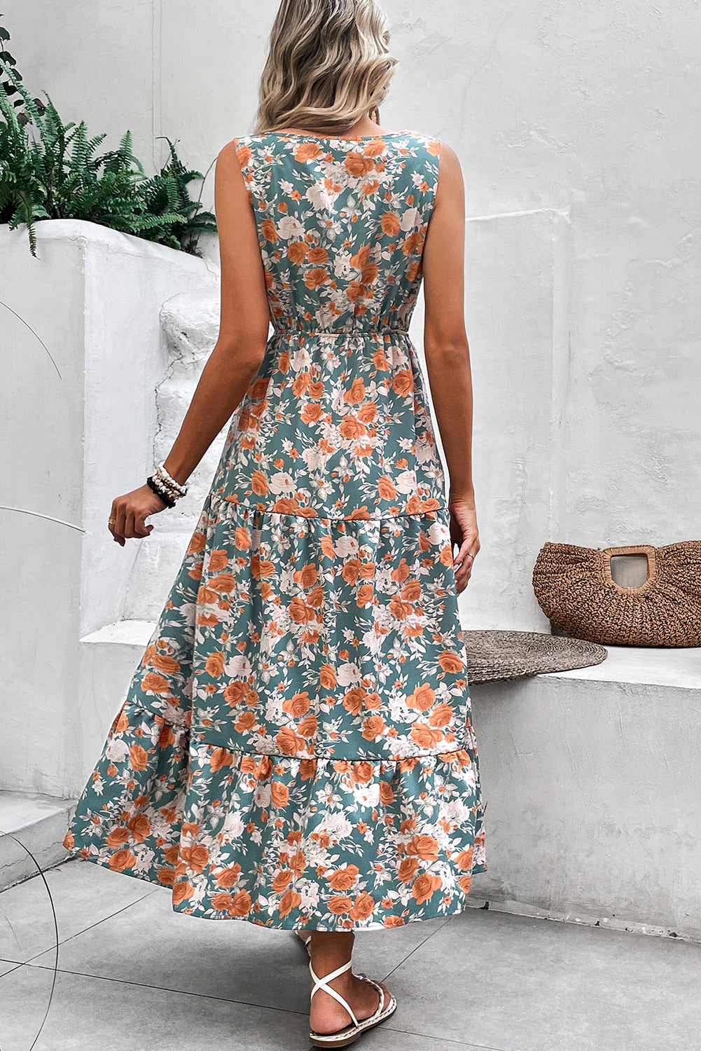 Green Floral Print V Neck Tie Waist Sleeveless Dress