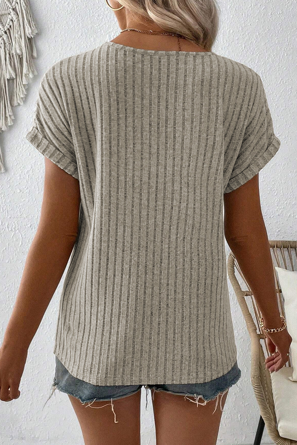 Wide Ribbed Notched V Neck Top