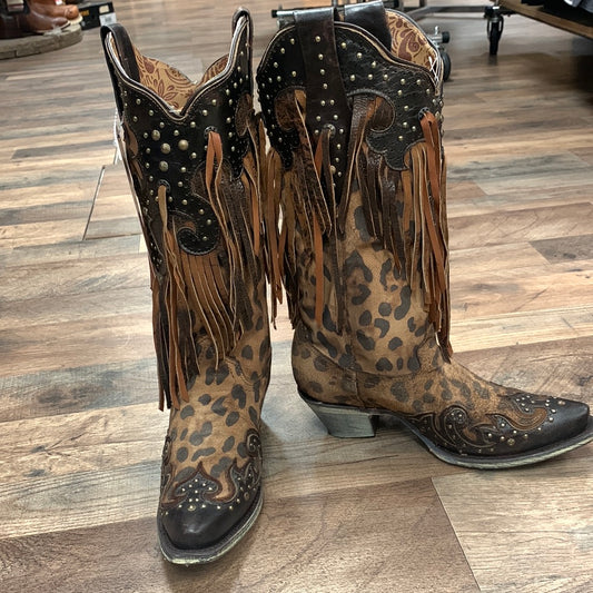 Corral Women's Leopard Stud & Fringe Cowgirl Boots - Snip Toe A3618