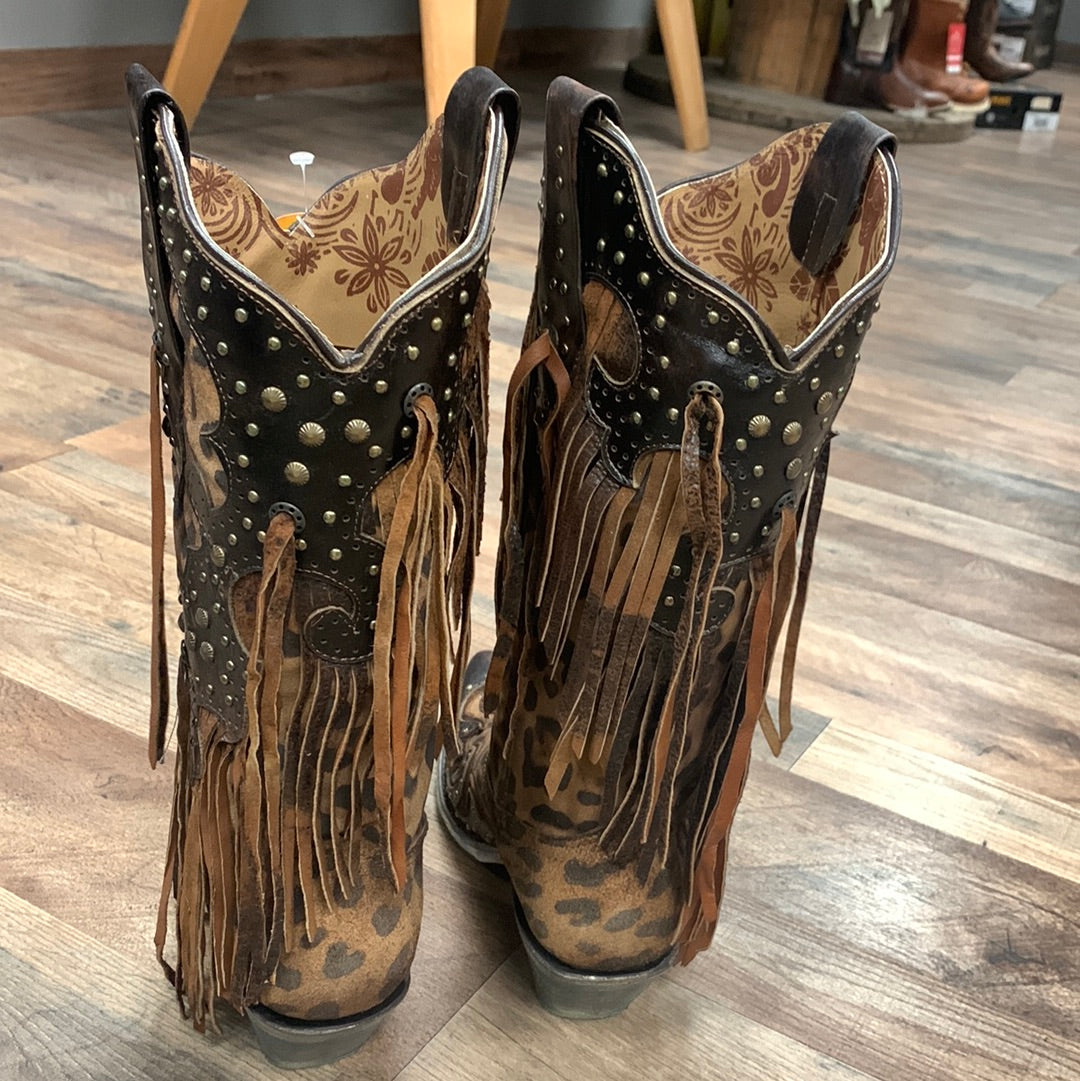 Corral Women's Leopard Stud & Fringe Cowgirl Boots - Snip Toe A3618