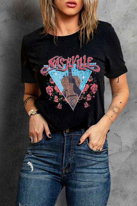 Black Guitar Flower Letter Graphic T Shirt