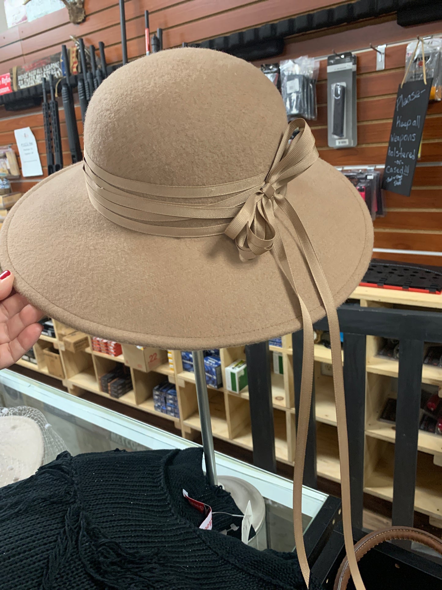 Chloe Beige Ribbon Flat Brim Wool Hat