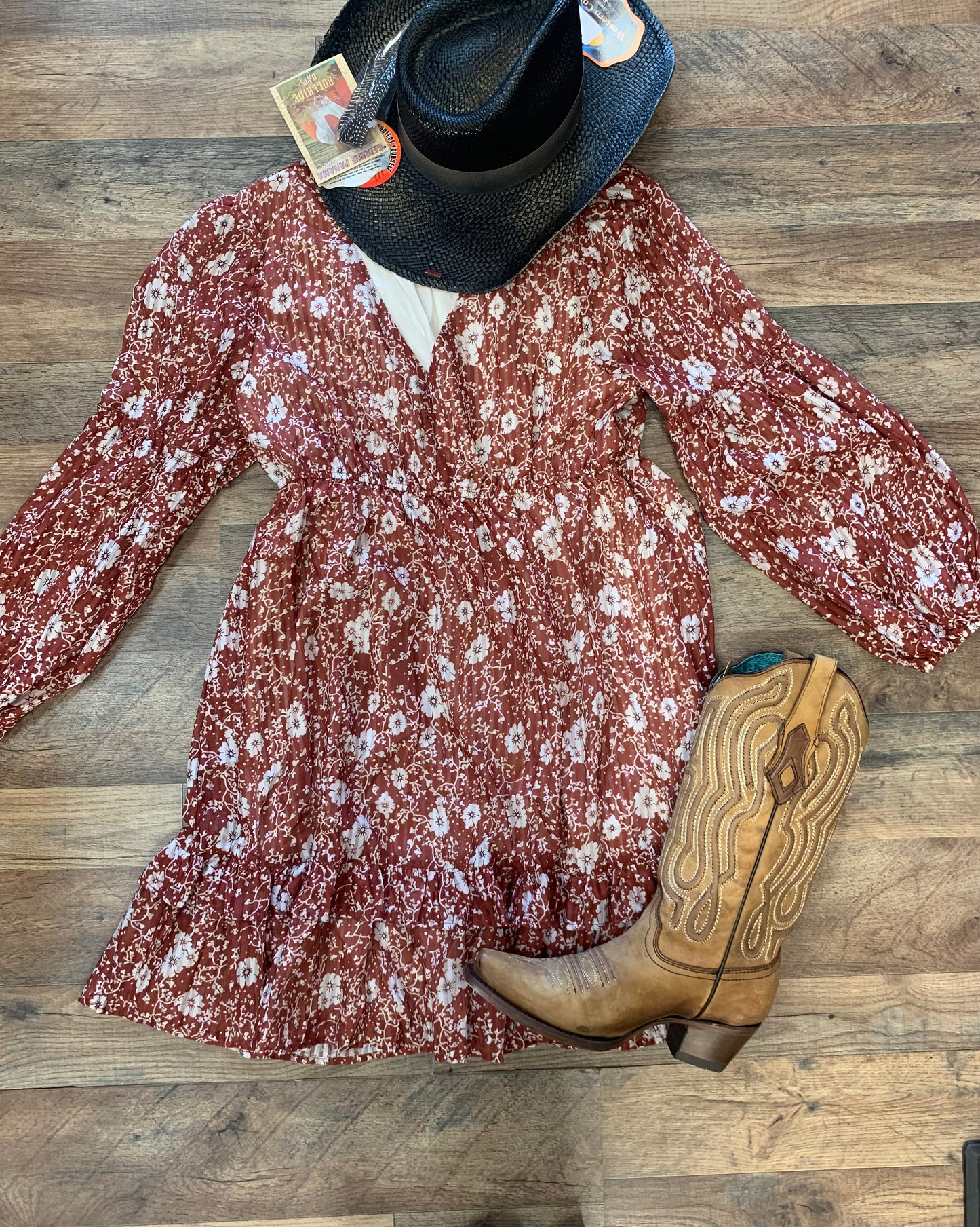 Brown Boho Floral Ruffled Puff Sleeve V Neck Dress