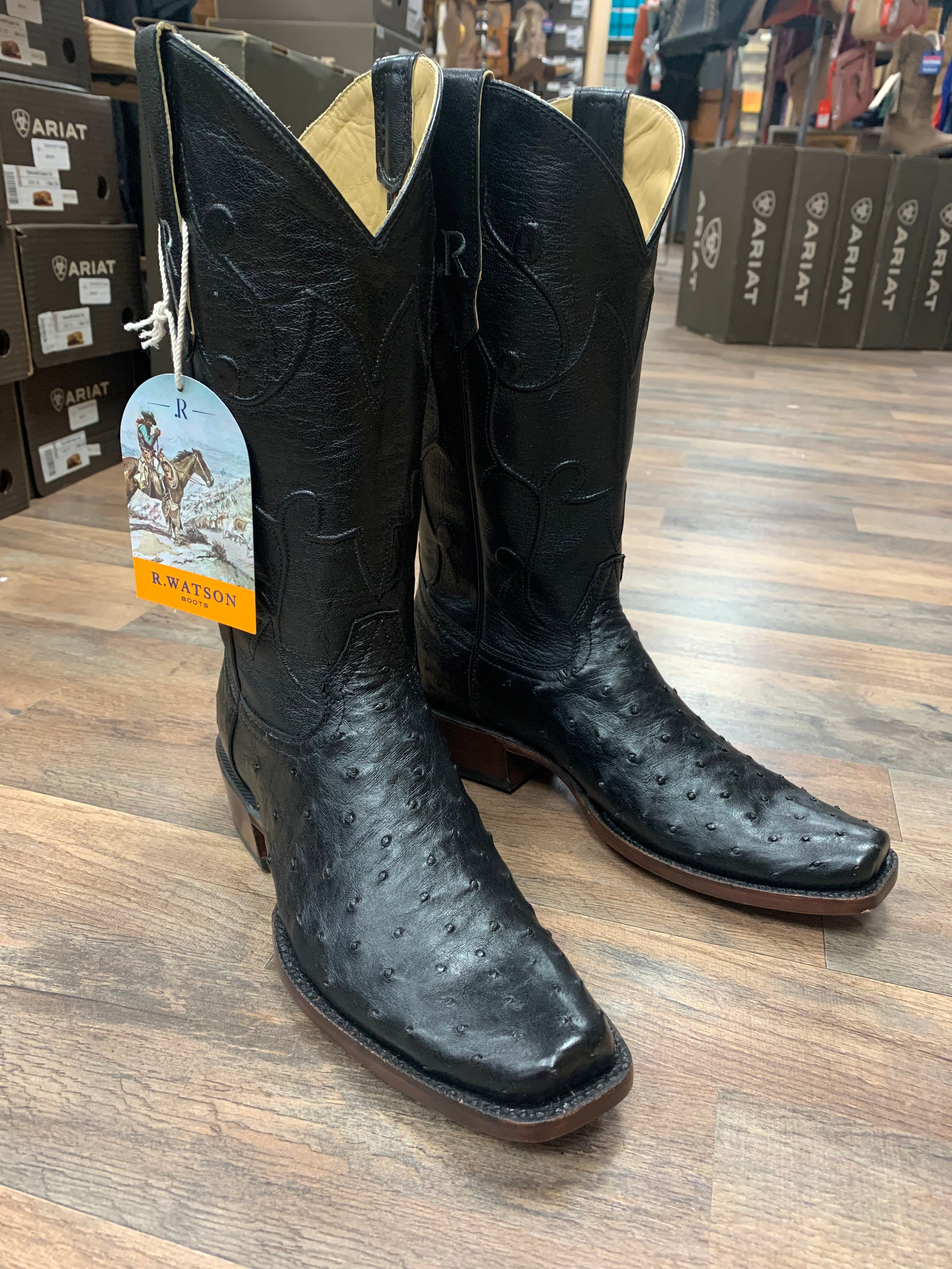 R. Watson Black Full Quill Ostrich Boot N Shoot