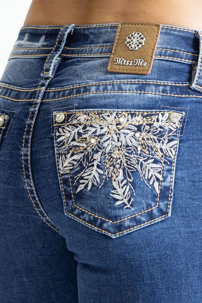 Miss Me Women's Dark Wash Mid Rise Floral Pocket Stretch Bootcut Jeans