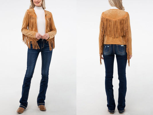 FAUX SUEDE JACKET W/DRAMATIC FRINGE DETAIL