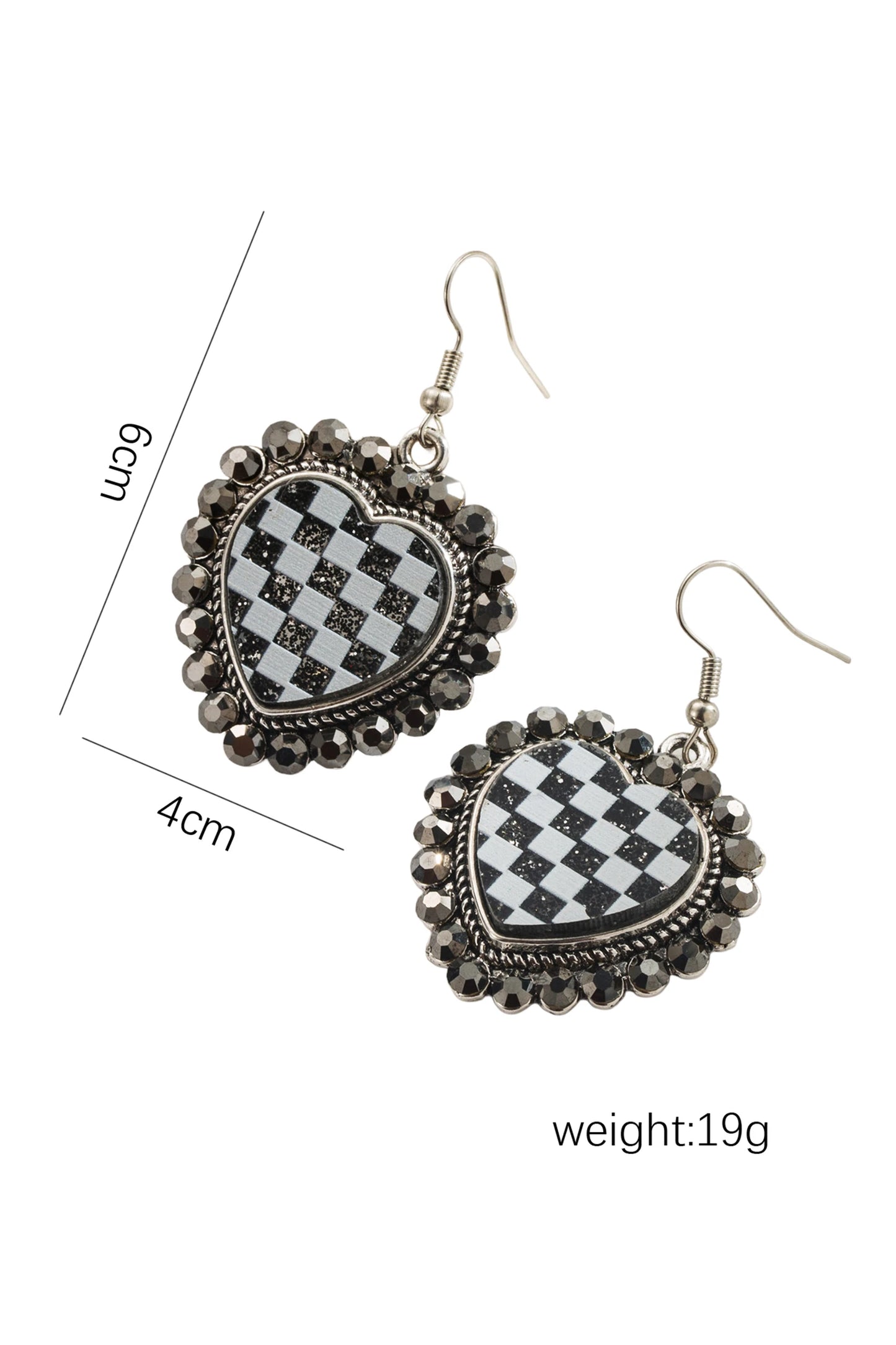 Pair of earrings with checkered design and measurements on a white background
