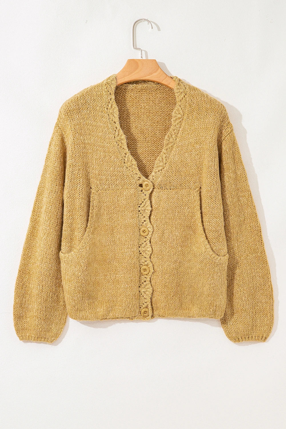 Light French Beige Lantern Sleeve Scallop V Neck Buttoned Front Cardigan