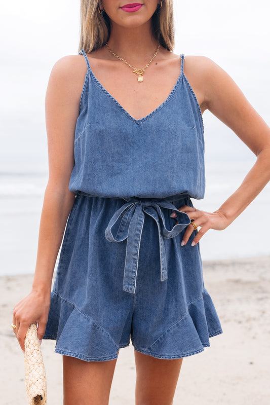 Molly V Neck Belted Ruffled Leg Chambray Romper
