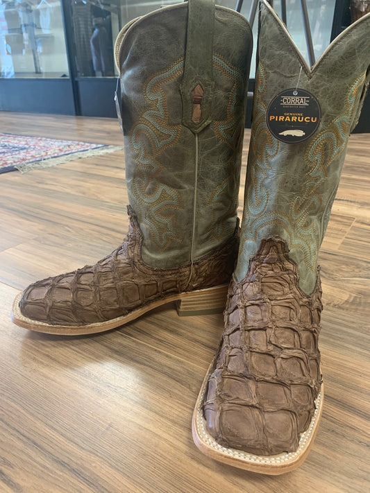 CORRAL  Corral Men's Brown Turquoise Fish Embroidery Square Toe Western Boots A4048