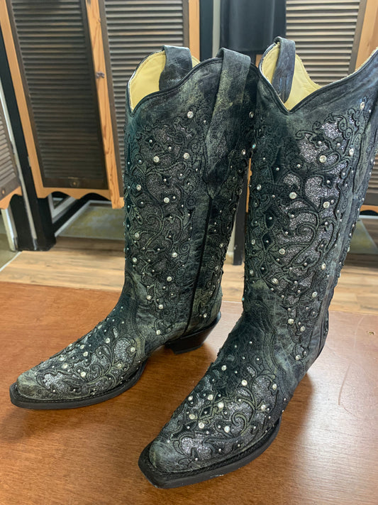 CORRAL LADIES GREY GLITTER INLAY/CRYSTALS SNIPED TOE BOOT STYLE A3672