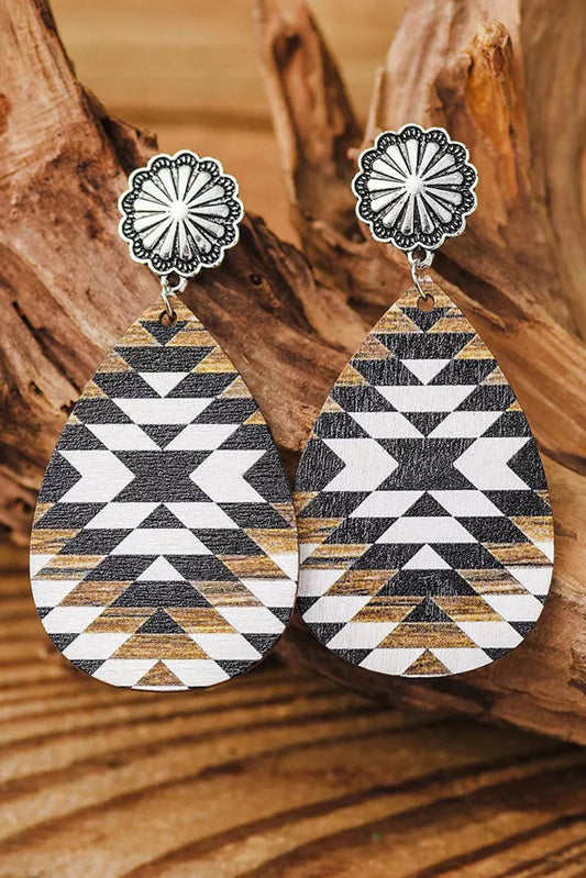 Brown Aztec Print Water Drop Pleather Earrings