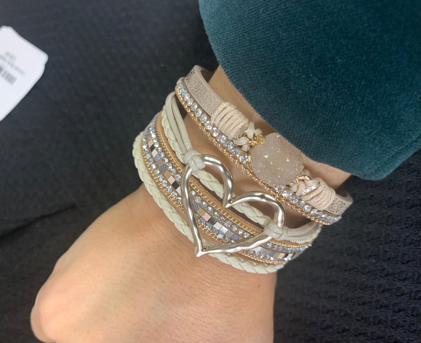 Beige Bohemian Heart Rhinestone Magnetic Buckle Bracelet