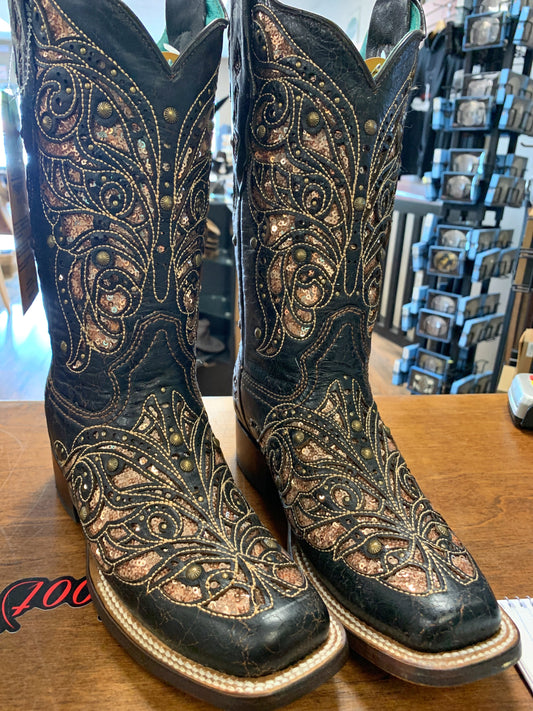 Corral Ladies Black & Honey Inlay & Embroidery Studs Square Toe A4127