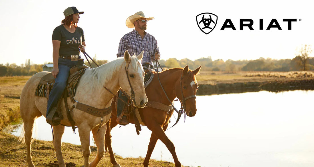 two cowboys riding a horse in the sunset