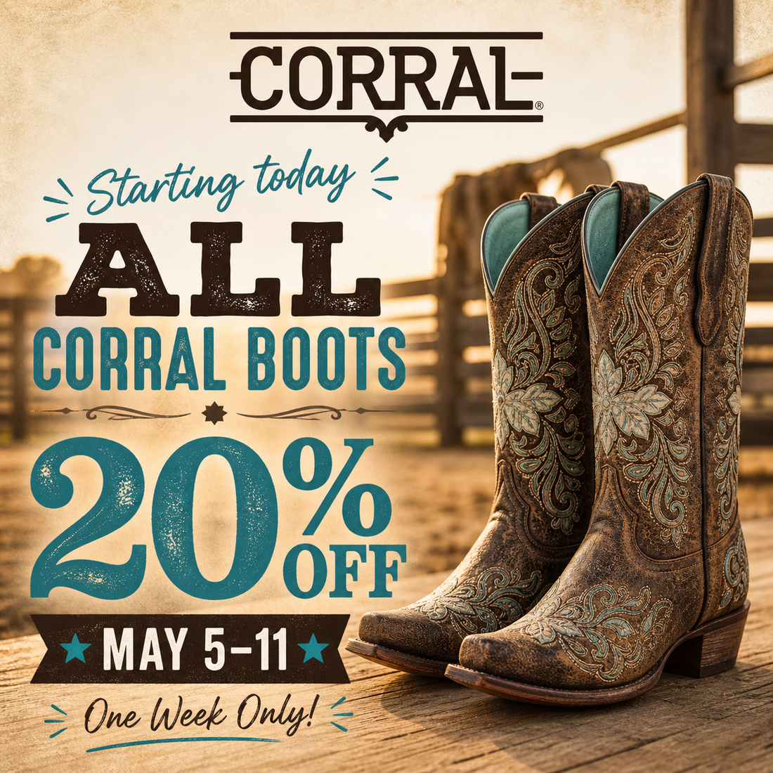 Corral Boots 20% Off at Boot-N-Shoot (May 5–11 Only)
