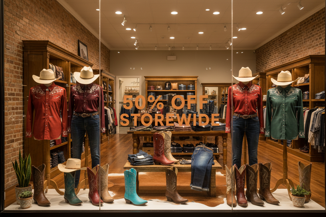 A bright, inviting photo of your storefront or a display featuring cowboy boots, hats, jeans, and apparel with a bold "50% OFF STOREWIDE" overlay. This reinforces the sale while showcasing the variety of products available