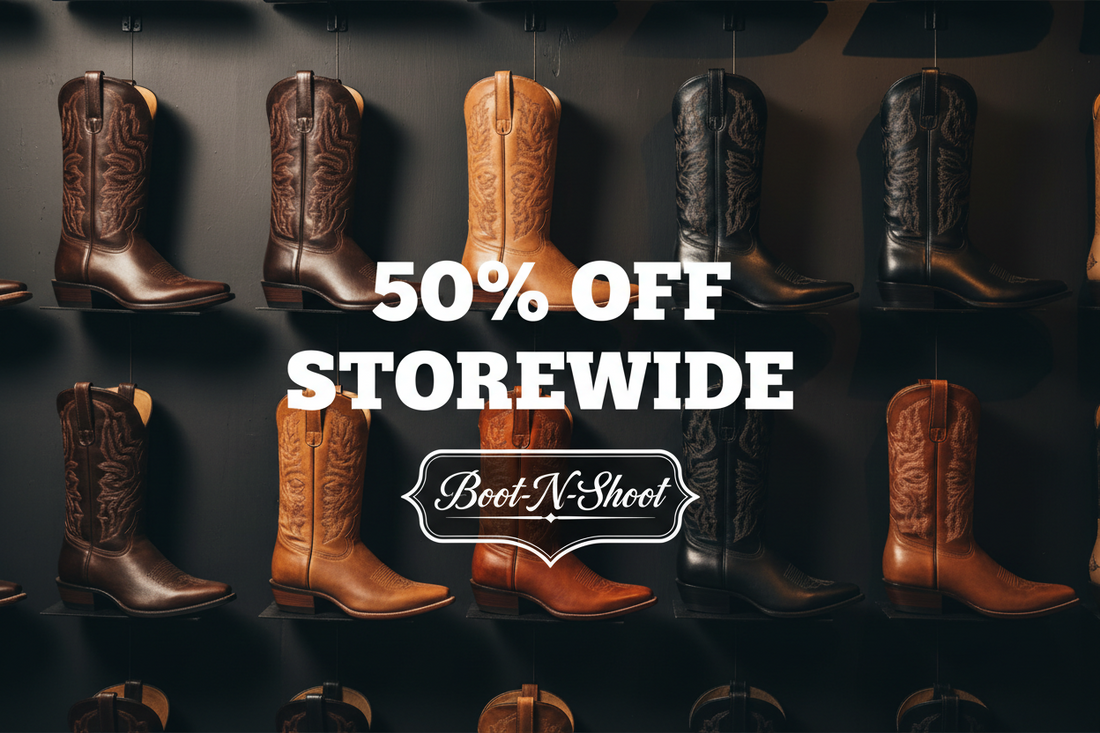 A hero image featuring a wall of cowboy boots with a large bold overlay reading "50% OFF STOREWIDE" and the Boot-N-Shoot logo.