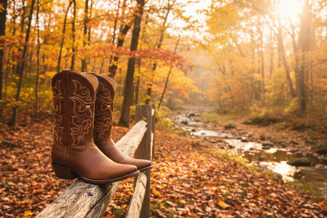 western boots in the fall on a picket fence