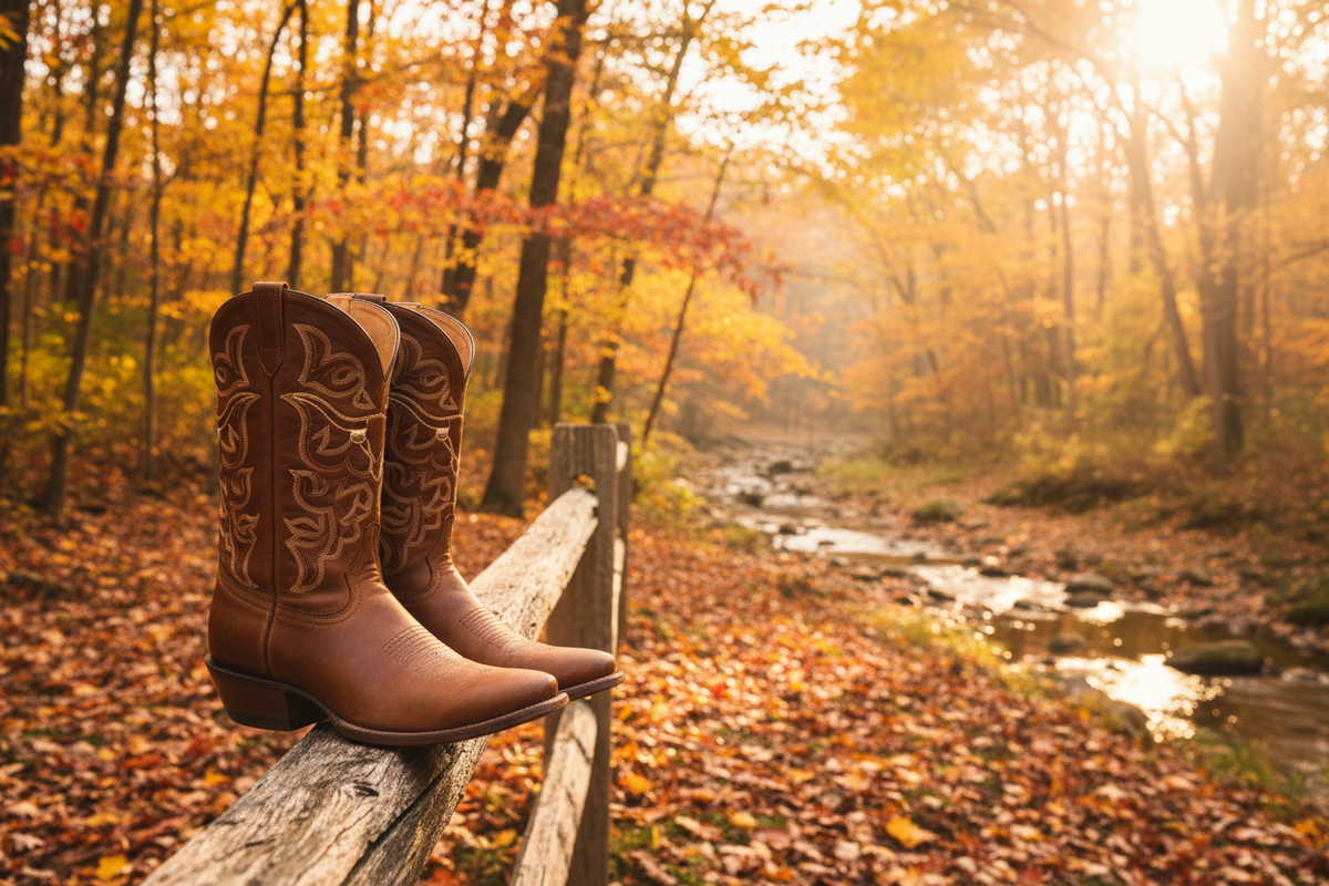 western boots in the fall on a picket fence