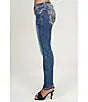 Blue jeans with a high waist and fitted design.