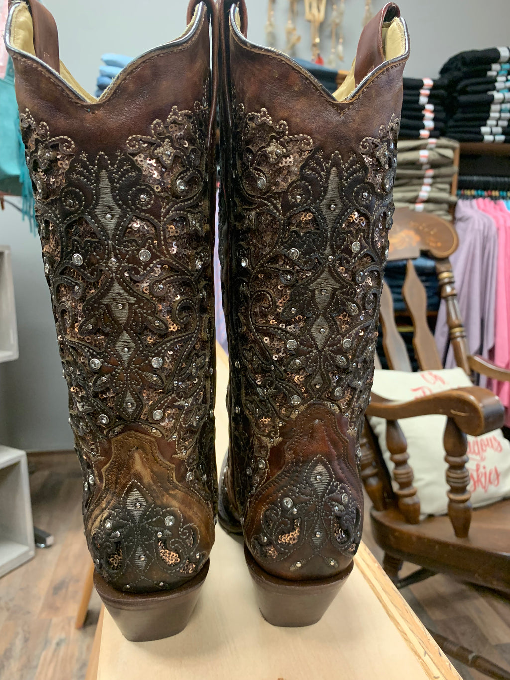 CORRAL LD COGNAC INLAY FLOWERED EMBROIDERY STUDS CRYSTALS A3671A - Boot N Shoot