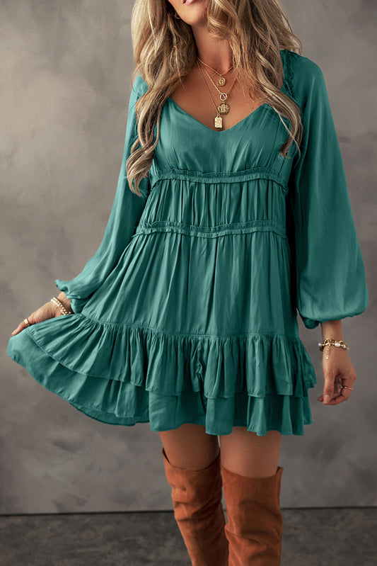 Tiered Ruffled Puff Sleeve Loose Fit Mini Dress