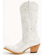 A single white leather cowboy boot with floral embroidery and rhinestone embellishments on the shaft, featuring a pointed toe and a stacked wood-look block heel.