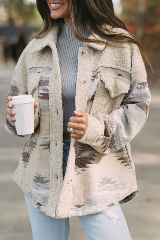 Khaki Western Aztec Print Sherpa Pocket Coat