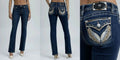Blue jeans with decorative back pocket on a white background