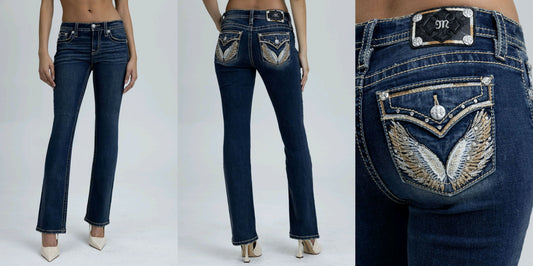 Blue jeans with decorative back pocket on a white background