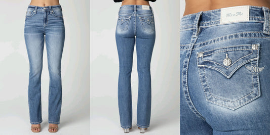 Three views of a pair of blue jeans on a white background