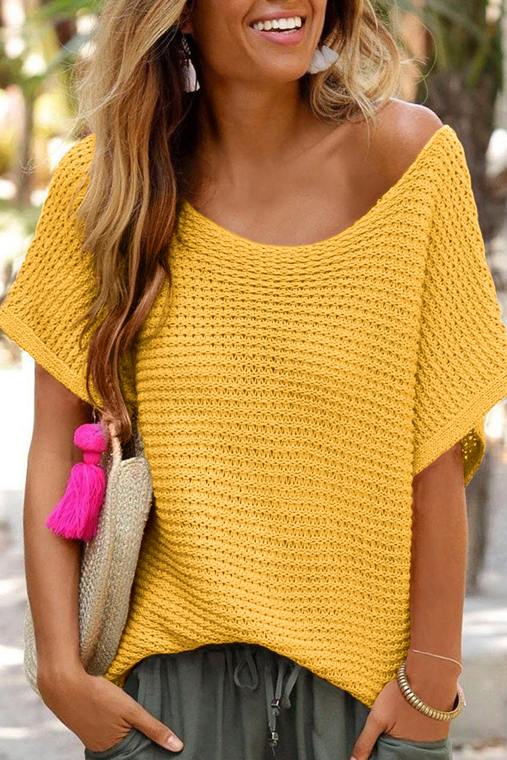 Loose Knit Short Dolman Sleeve Sweater