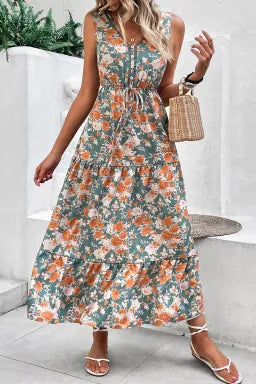 Green Floral Print V Neck Tie Waist Sleeveless Dress