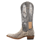 Cowboy boot with snake skin pattern on a white background
