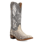 Cowboy boot with snake print pattern on a white background