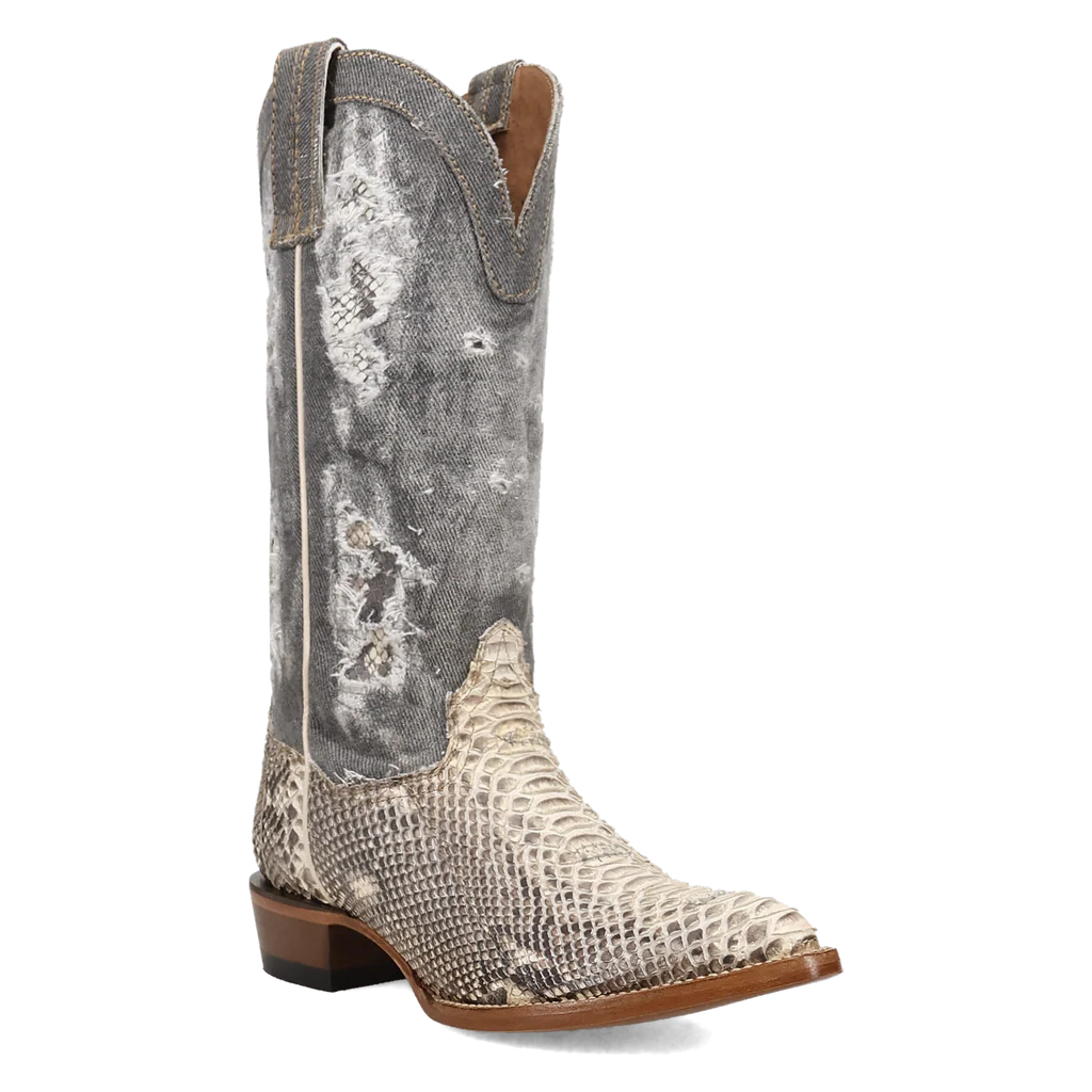 Cowboy boot with snake print pattern on a white background