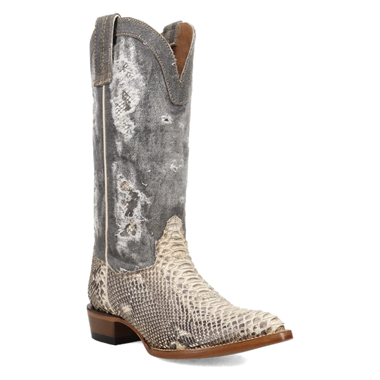 Cowboy boot with snake print pattern on a white background