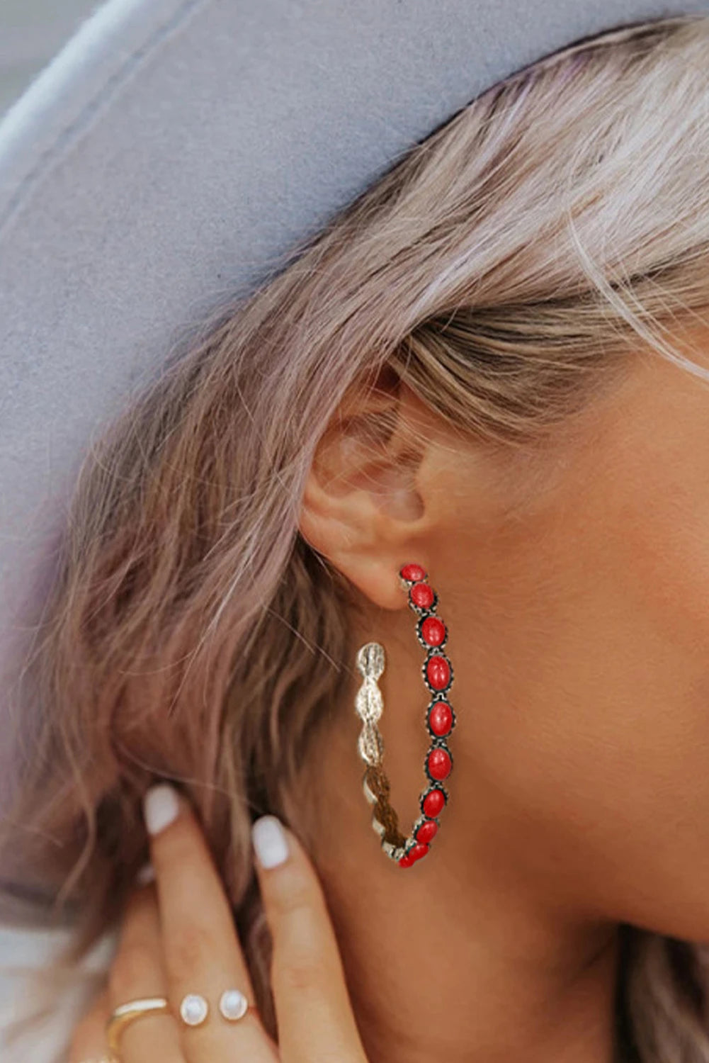 Red Gem Inlay Retro C-shape Earrings