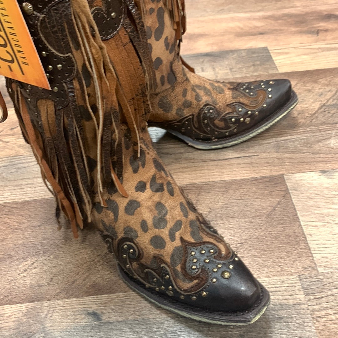 Corral Women's Leopard Stud & Fringe Cowgirl Boots - Snip Toe A3618