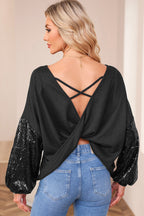 Sequin Sleeve Open Back Waffle Knit Top