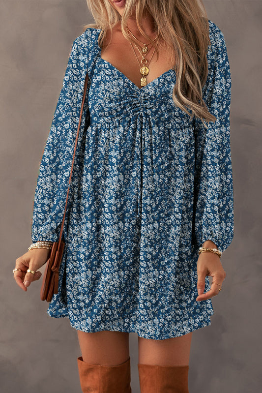 Blue Floral Print Sweetheart Neckline Mini Dress