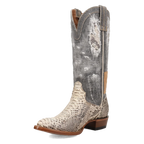 Cowboy boot with snake skin pattern on a white background