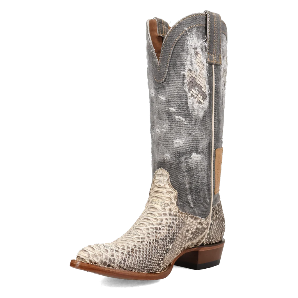 Cowboy boot with snake skin pattern on a white background