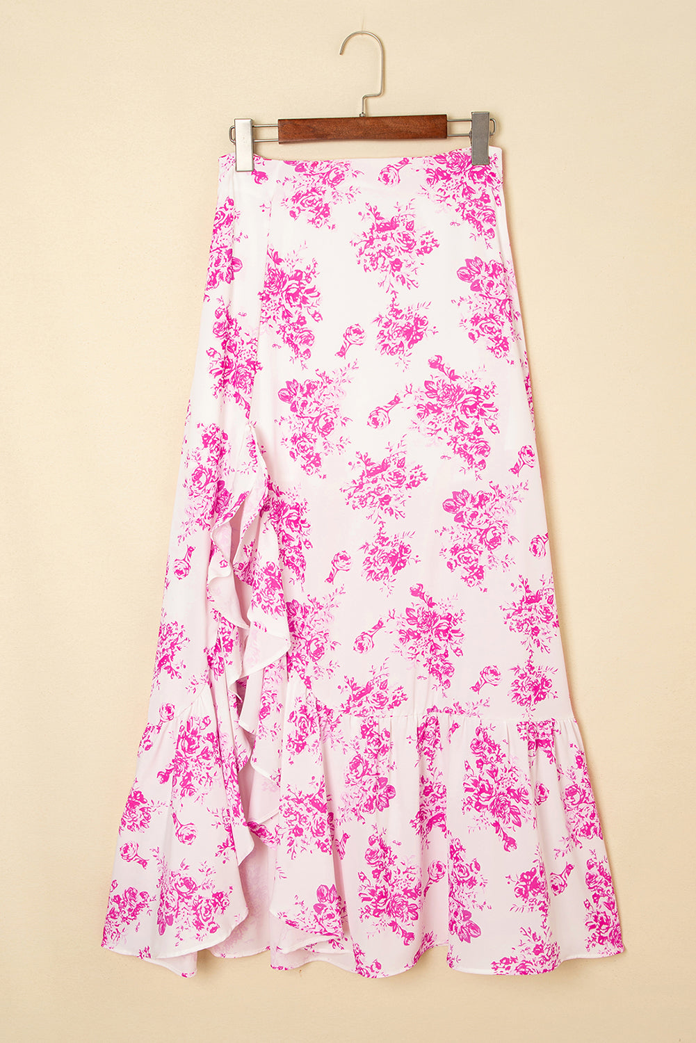 Floral skirt with pink flowers on a beige background