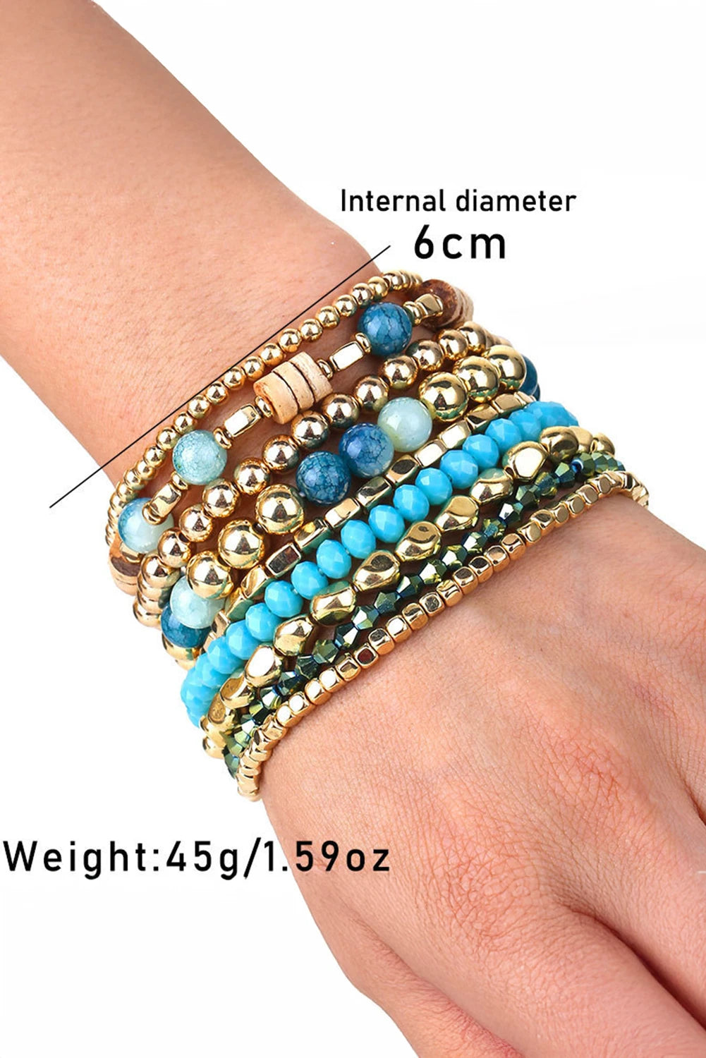 Stack of beaded bracelets on a wrist with measurements and weight displayed.